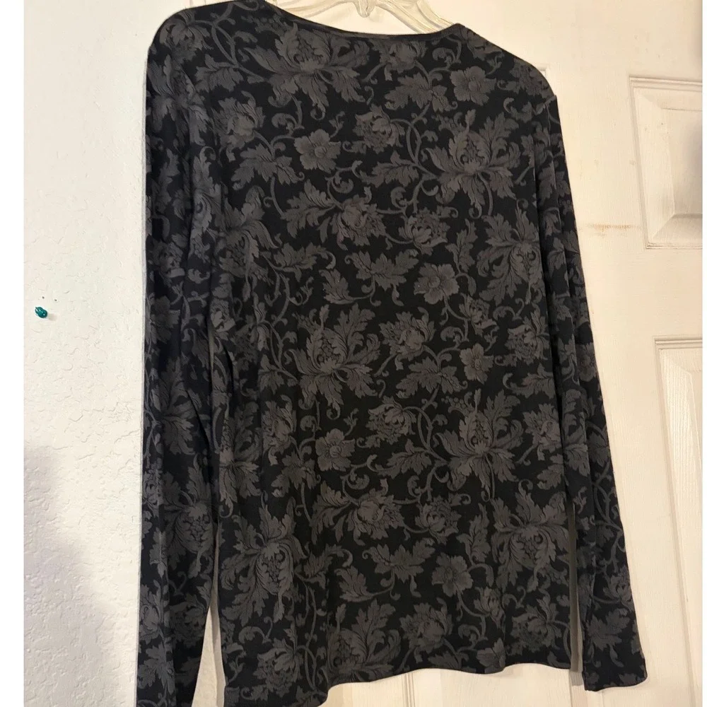 Lauren Ralph Lauren XL Black Grey Damask Floral Cotton Long Sleeve Top NWT